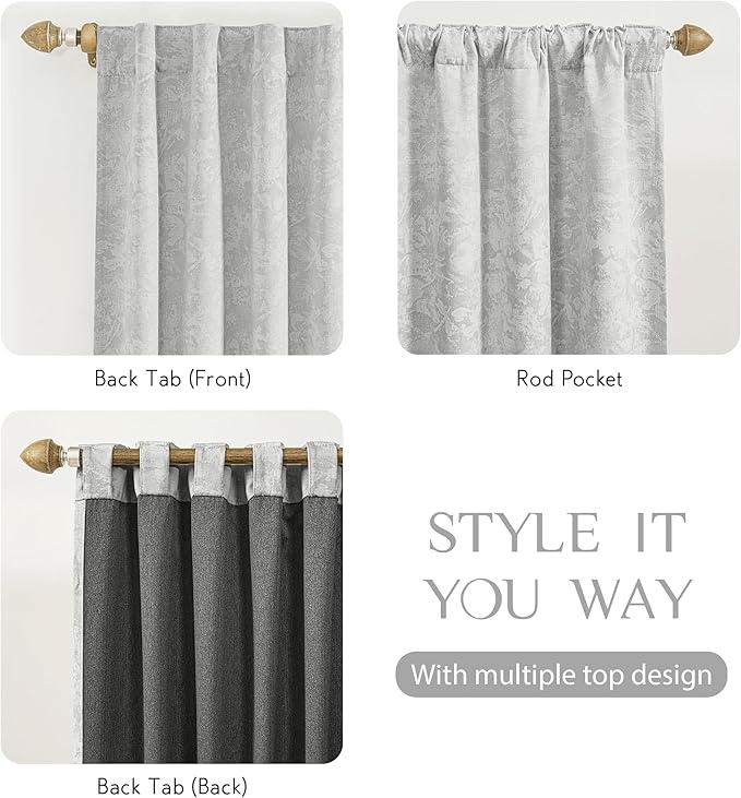 Beauoop Grey Floral Jacquard Blackout Curtains 63 Inches Long 2 Panels for Bedroom Living Room Chenille Flower Room Darkening Thermal Insulated Soundproof Rod Pocket Back Tab Window Drapes, 52x63
