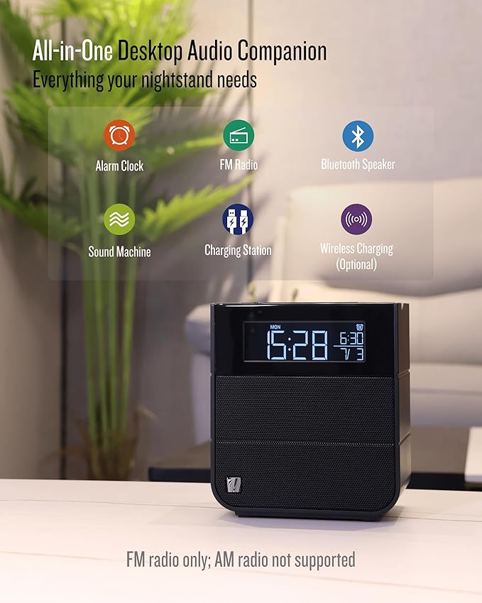 Soundfreaq Sound Rise II, SFQ-16: Bedside Alarm Clock Radio & Bluetooth Speaker, with Large Display Screen, FM Radio, Fast USB Charging, and Nature Sound