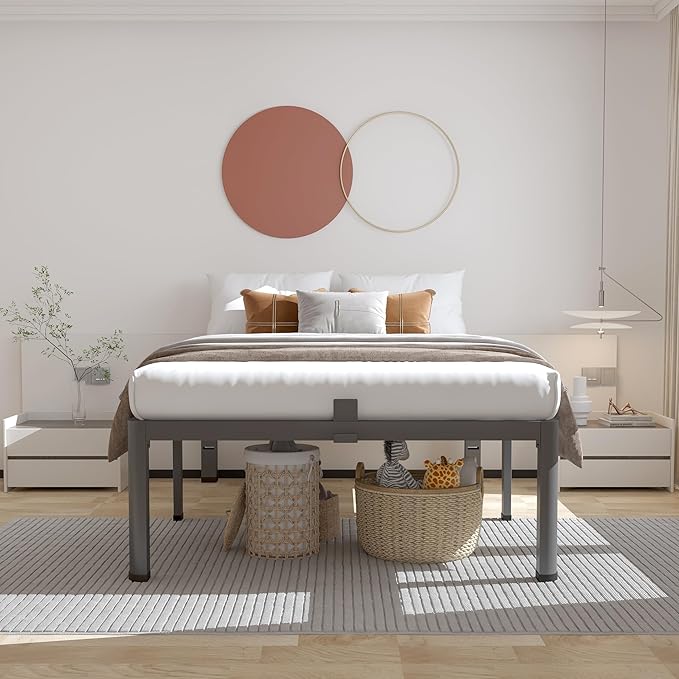ROIL 14 inch Twin XL Bed Frames with Headboard Hole and Round Corner Legs Mattress Retainers 3500LBS Heavy Duty Steel Slats No Box Spring Needed Platform Noise-Free Underneath Storage