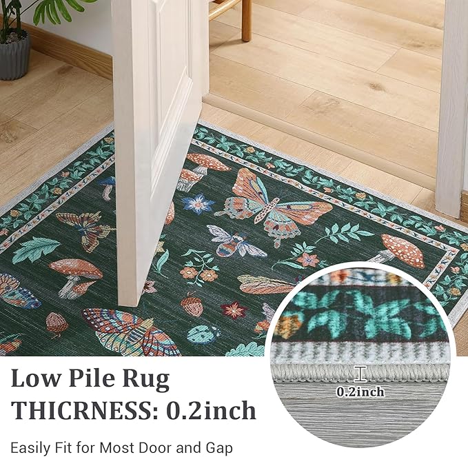 Mushroom 10x13 Area Rug for Living Room Washable Non Slip Forest Soft Low-Pile Stain Resistant Thin Large Throw Carpet for Bedroom Dining Room Office Black