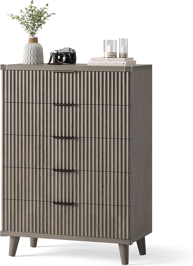 Lulive Dresser for Bedroom Wood Tall Dressers Drawers, Fluted Modern Dresser 5 Drawers (Dark Grey Oak)