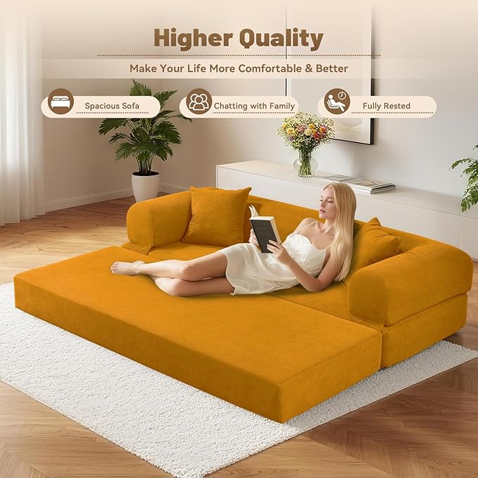 80" Convertible Sofa Bed,Corduroy Folding Sleeper Sofa Bed Queen with Pillows & Storage,Modular Pull Out Couches Boneless Couch for Living Room,Compressed Couch in a Box,Yellow