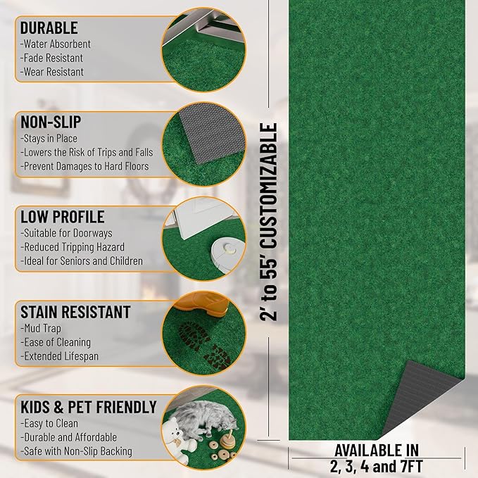 Ottomanson 6'6" x 31' Hallway Runner with Scraper Pile - Extra Durable Non-Slip Rug Mat for Indoor & Outdoor Use - Ideal for Kitchen, Entryway & Garage - High-Traffic Carpet, Green