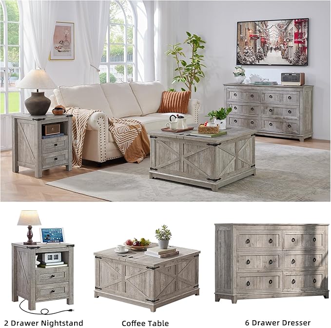 Joaxswe Nightstand with Charging Station and USB Port, Farmhouse Night Stand with 2 Drawers and Shelf Storage, Wooden Side End Table, Bedside Cabinet for Bedroom, Living Room, Closet,Office (Grey)