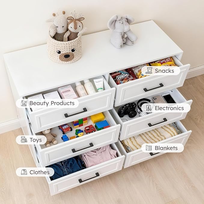 Farmhouse 6 Drawers Dresser for Bedroom, White Dressers with Unique Solid Wood Legs, Modern Wide Chest Dressers for Clothes, Closet, Living Room