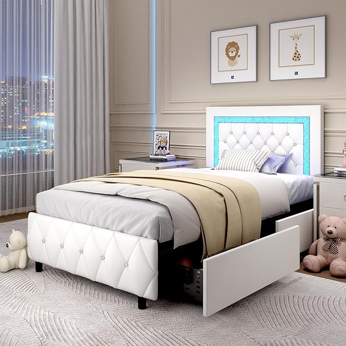 BarnFurin Twin Bed Frames with Storage Drawers and LED Lights, Upholstered Bed with Crystal Tufted Headboard, Princess Platform Bed with Wooden Slats Support, No Box Spring Needed, White