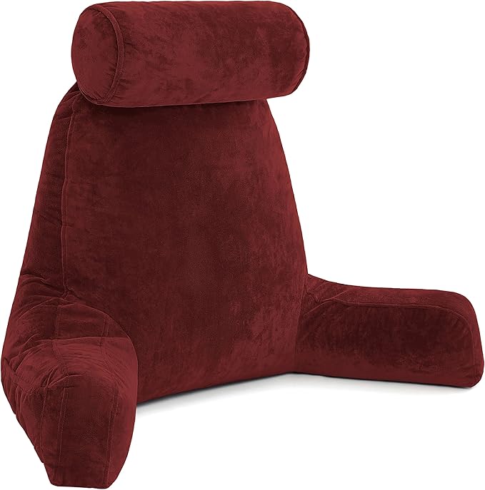 Husband Pillow XXL – Reading Pillow Bed Chair with Arms & Back Support – Maroon - Back Pillow for Beds Sitting Up – Bed Rest Arm Pillow – Comfy Reading Pillow for Adults