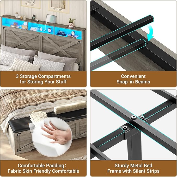 Hasuit Queen Size Bed Frame with Storage Ottoman, Farmhouse Bed Frame with Charging Station and Led Light, Headboard with Storage Rack, Metal Slats, No Noise Design, No Box Spring Needed,Oak Grey