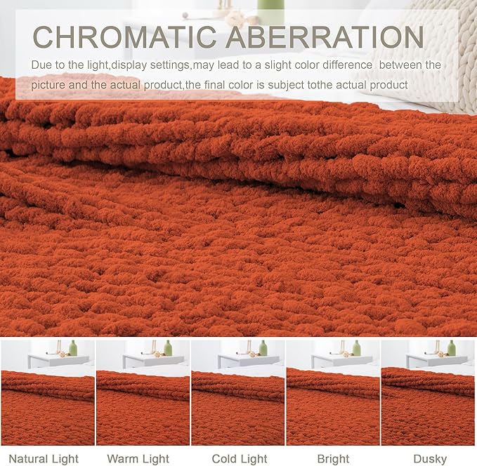 Chunky Knit Throw Blanket 50"X 60", 100% Handmade with Soft Chenille Yarn, 4.4lbs Thick Cable Knitted Blankets, Large Rope Knot Crochet Throws for Couch Sofa Bed Home Decor, Rust