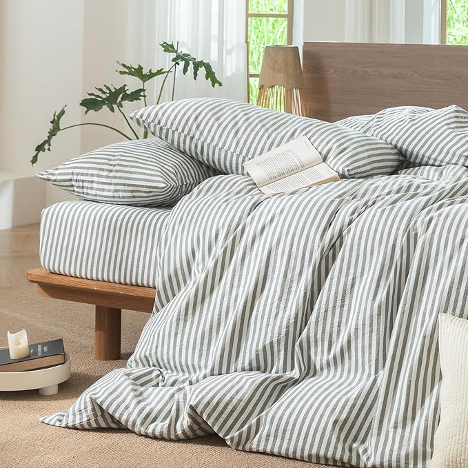 MooMee Striped Duvet Cover Set 100% Washed Cotton Linen Like Textured Breathable Durable Soft Comfy (Heathered Green Classic Stripes, Oversized Full 82"x86")