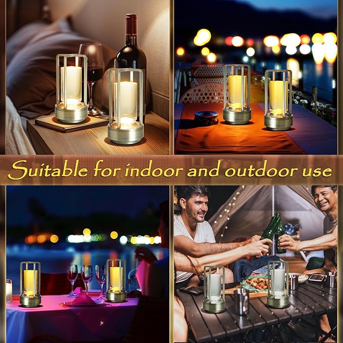 Crystal Lantern Lights Set of 2, Czgor Battery Operated Rechargeable Cordless Crystal Table Lantern Lamp with 3-Color, Small LED Desk Lamp for Indoor/Outdoor Patio Camping Bar Restaurant(Silver)