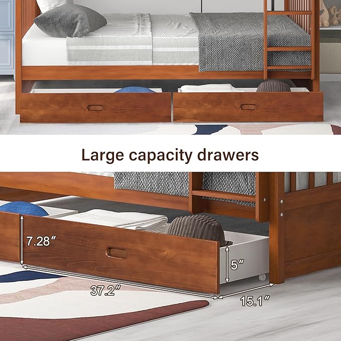 Merax Full Over Full Size Wood Bunk Bed with Drawers,Convertible Bunk Bed with Ladders and Two Storage Drawers,Solid Wood Detachable Bed Frame with Ladders, Walnut