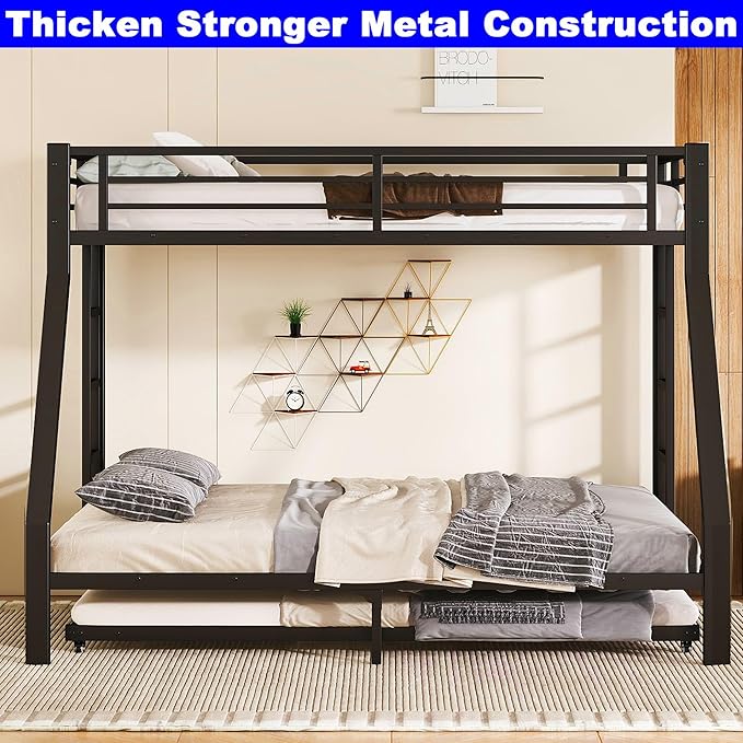 Upgraded Version Thicken Stronger Metal Heavy-Duty Twin XL Over Queen Bunk Bed with Twin Size Trundle, Twin Over Queen Bunk Bed for Adults with Ladders, Easy Assemble (Twin XL/Queen)