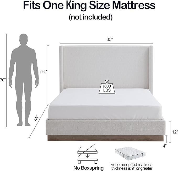 King Size Upholstered Platform Bed Frame, 53.1" Tall Headboard Hosford Wingback Bedframes, Wood Base Floor Beds, No Box Spring Needed, No Noise, Minimalist, Cream White Boucle