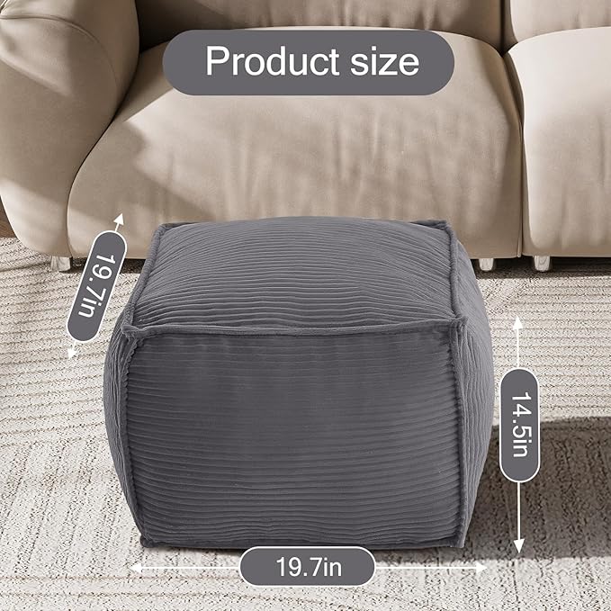 MeMoreCool Square Stuffed Pouf Ottoman Foot Rest, Corduroy Floor Pouf Foot Stool with Foam Chunk Filling, Soft Stuffed Ottoman Footrest for Living Room, Dark Grey