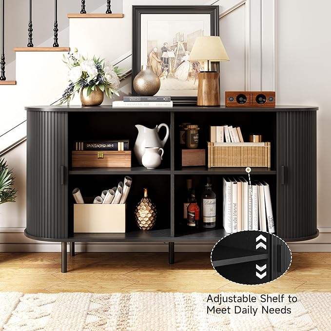 ONBRILL 55" Sideboard Buffet Cabinet with Storage, Storage Cabinet with Sliding Door & Adjustable Shelf, Modern Accent Coffee Bar Cabinet Console Table for Kitchen, Entryway, Black