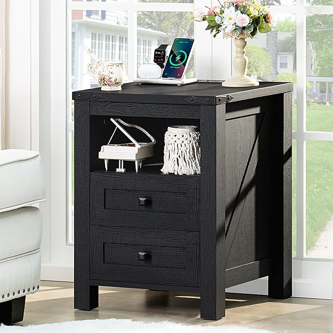 Joaxswe Nightstand with Charging Station, Farmhouse Night Stand with 2 Drawers and Shelf Storage, Wooden Side End Table, Bedside Cabinet for Bedroom, Living Room, Closet, Office (Black)