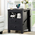 Joaxswe Nightstand with Charging Station, Farmhouse Night Stand with 2 Drawers and Shelf Storage, Wooden Side End Table, Bedside Cabinet for Bedroom, Living Room, Closet, Office (Black)