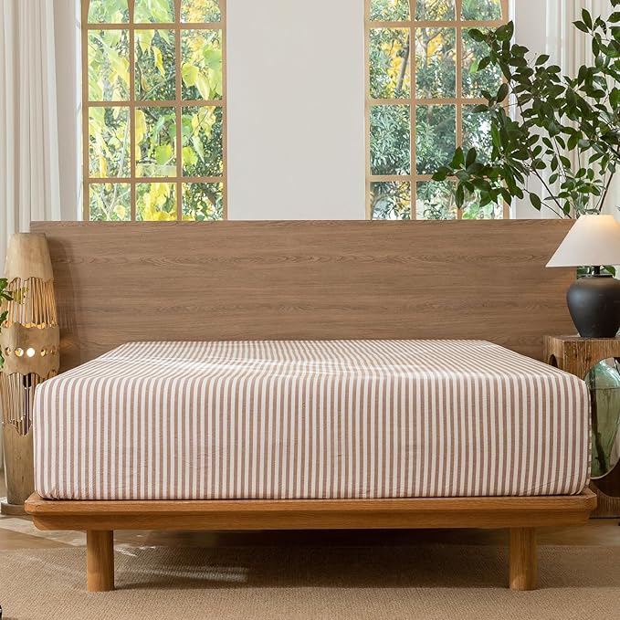 MooMee Striped Fitted Bottom Sheet Only 100% Washed Cotton Linen Like Textured Breathable Durable Soft Comfy Deep Pocket Fits Mattress up to 17" (Orange Classic Stripes, Queen)