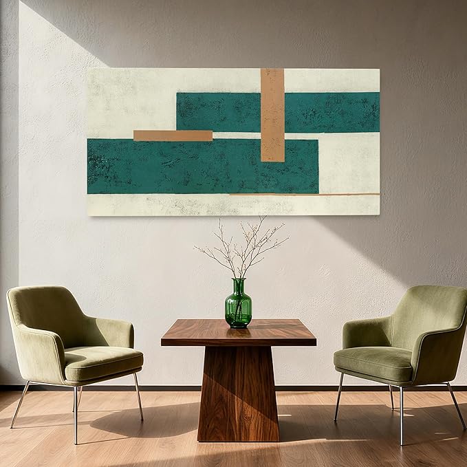 YETHEN WAL Teal Geometric Abstract Canvas Wall Art, 20×40 in Horizontal – Gallery Wrapped, Green & Beige Minimalist Artwork for Living Room, Bedroom, Office
