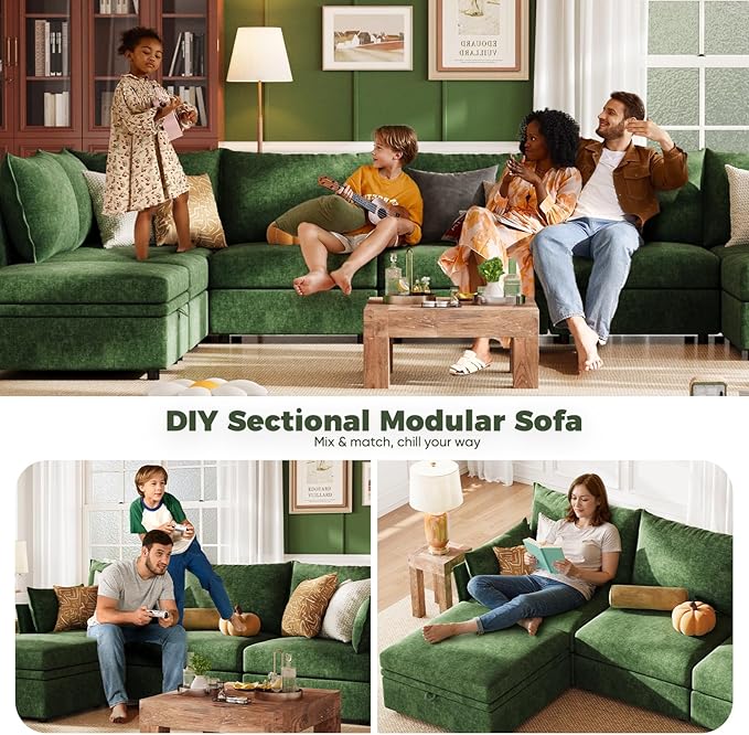 ABCASA 103.5" Oversized Modular Sectional Sofa, L Shaped Convertible Couch with Movable Ottoman, Large 6 Seat Corner Couches for Living Room Deep Seat- Green Chenille