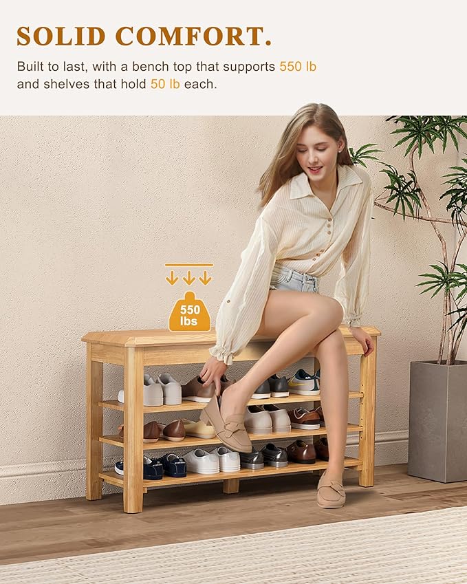 Shoe Rack Bench Seat Rubberwood 3-Tier Wooden Storage Bench 550lbs Compact Mid-Century Modern Design for Entryway, Hallway, Closet, Front Door Entrance, Foyer