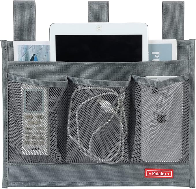 Falaku Hanging Bedside Caddy,Bedside Organizer Caddy for Bed Rails(4 Pockets-Grey)