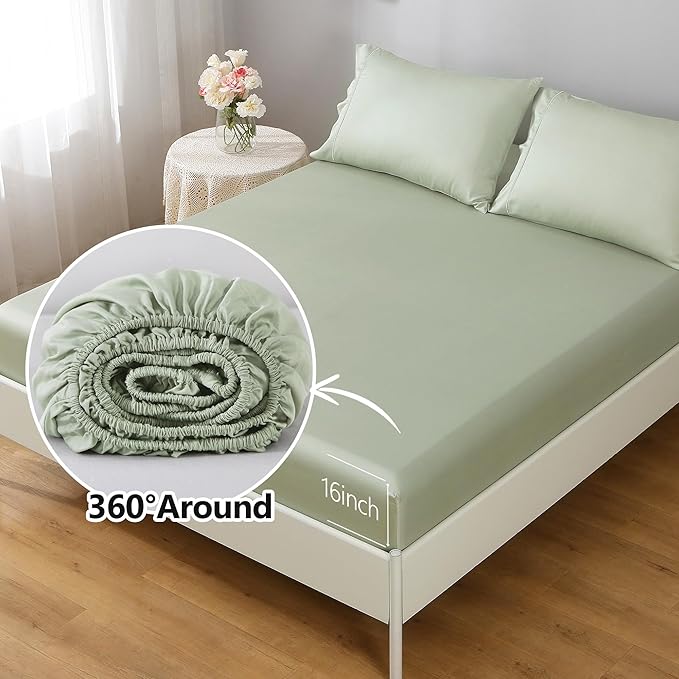 Linen World Cooling Bed Sheets Set Twin Size,100% Organically Grown Viscose Sheets,Deep Pocket Up to 16",3 Pieces Silky Soft,Breathable Bedding Sheets & Pillowcases(Sage,Twin)
