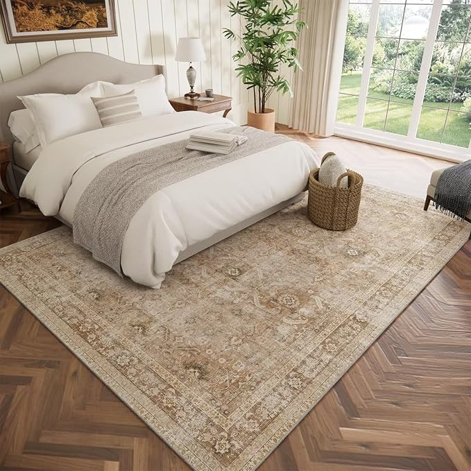 Washable 5x7 Area Rugs for Living Room, Boho Non-Slip Vintage Distress Rugs for Bedroom Dining Room Nursery Office, 0.3" Neutral Oriental Throw Thin Carpet with Cushioning Pad, Brown/White/Multi