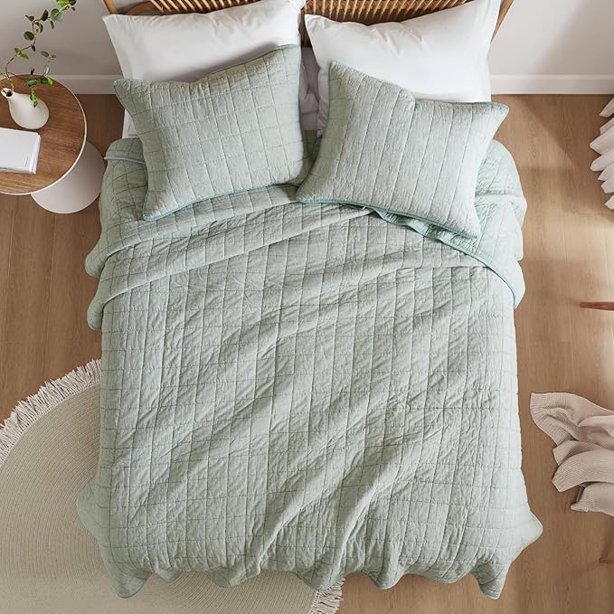 Hyde Lane Luxury Linen Quilt Set King Size, European Flax Cotton Blend Bedding for Bedspread and Coverlet, Box Stitched, with 2 Pillow Shams, 106"x96", Sage