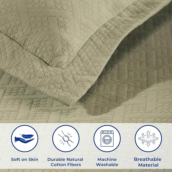 Superior 100% Cotton Basket Weave Bedspread with Shams, All-Season Premium Cotton Matelasse Jacquard Bedding, Quilted-Look Geometric Basket, Full, Sage