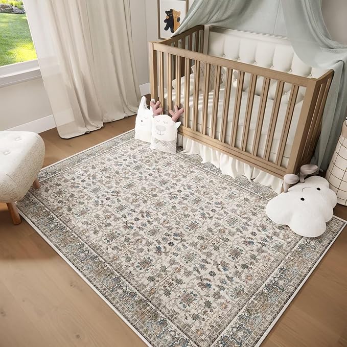 Washable 4x6 Rugs for Living Room, Boho Non-Slip Vintage Distress Small Rugs for Bedroom Nursery Office, 0.3" Neutral Oriental Throw Thin Carpet with Cushioning Pad,Cream/Blue/Orange/Multi