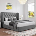HOMBCK Grey Queen Bed Frame, Velvet Upholstered Platform Bed Frame with Headboard, Curved Wingback Design, Wooden Slats, No Box Spring, Noise Free, Easy Assembly