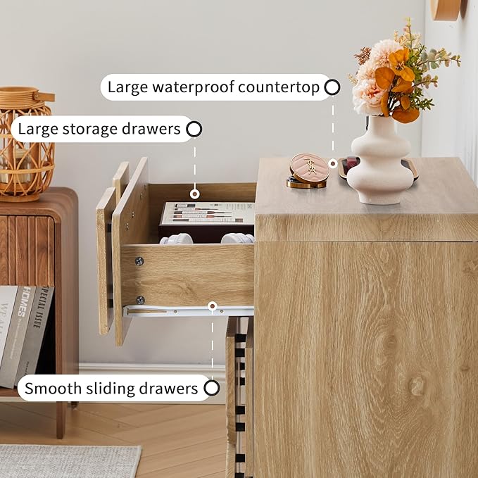 3 Drawer Dressers for Bedroom, 31.5" Wide Large Mid Century Modern Fluted Nightstand 2 Sets, Wood Dresser & Chest of Drawers with Curved Profile for Living Room, Entryway, Hallway Natural