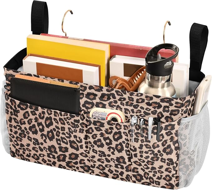 Bedside Caddy Hanging Bunk Bed Caddy Bed Organizer Hanging Pocket with 2 Hooks Bedside Storage Organizer Pocket Bag Holder Leopard Print Brown