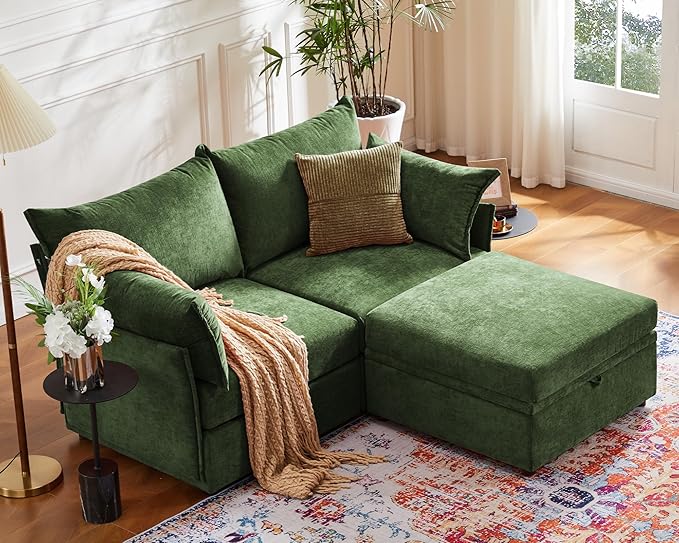 ABCASA Luxury Modular Sectional Sofa, L-Shaped 3-Seat Couch with Storage Ottoman Deep Seat & Reversible Chaise Lounge Chenille Green for Compact Spaces, Apartments, Dorm