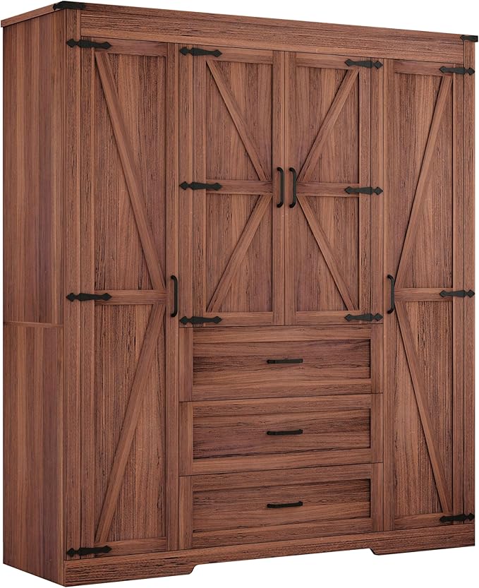 4 Door Armoire Wardrobe Closet Cabinet with 3 Drawers and Drawers, Farmhouse Bedroom Armoire with Hanging Rod and Adjustable Shelves, Large Capacity Storage Wardrobe Armoire for Bedroom, Brown