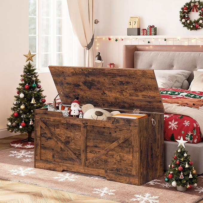 HOOBRO Storage Bench, 39.4” Retro Wooden Storage Chest with U-Shaped Cut-Out Pull, Safety Hinge, Supports 220 lb and Easy Assembly for Toy Box Organizer (Rustic Brown) BF771CW01
