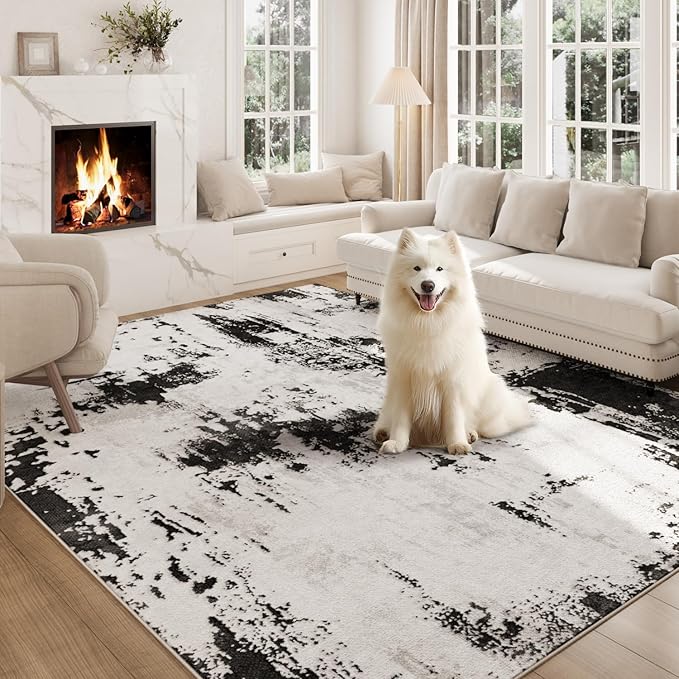 Area Rugs 8x10, Modern Abstract Machine Washable Rugs for Living Room Thin Carpet Indoor Floor Non-Shedding Carpets for Bedroom Dining Room Farmhouse Home Office | Black White