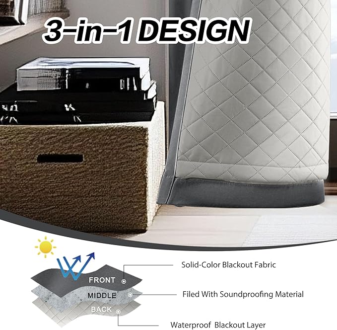 3 Layers Heavy Thermal 100% Blackout Curtains 84 Inch Length Heavy Soundproof Curtains for Bedroom 1 Panel 50x84 Grey