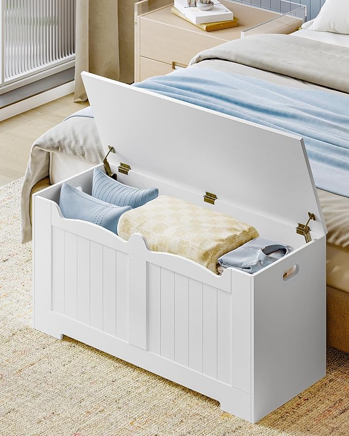 Hzuaneri 39.4" Storage Chest, Storage Bench Trunk with 2 Hinges, Wooden Box, Lift-Top Chest Organizer, Shoe Bench for Entryway, Bedroom, Living Room, White 01003XSB