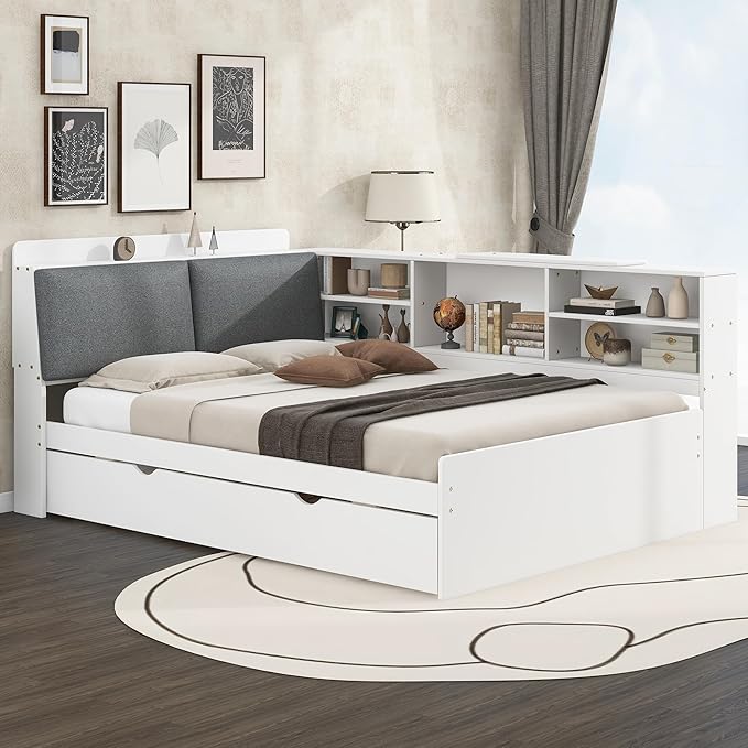 Ball & Cast Full Size Wooden Storage Daybed Frame, Modern Platform Bed with Trundle & Flip Headboard & Shelves, L Shaped Full Floor-Bed w/Upholstered Headboard&Storage, No Box Spring Needed, White