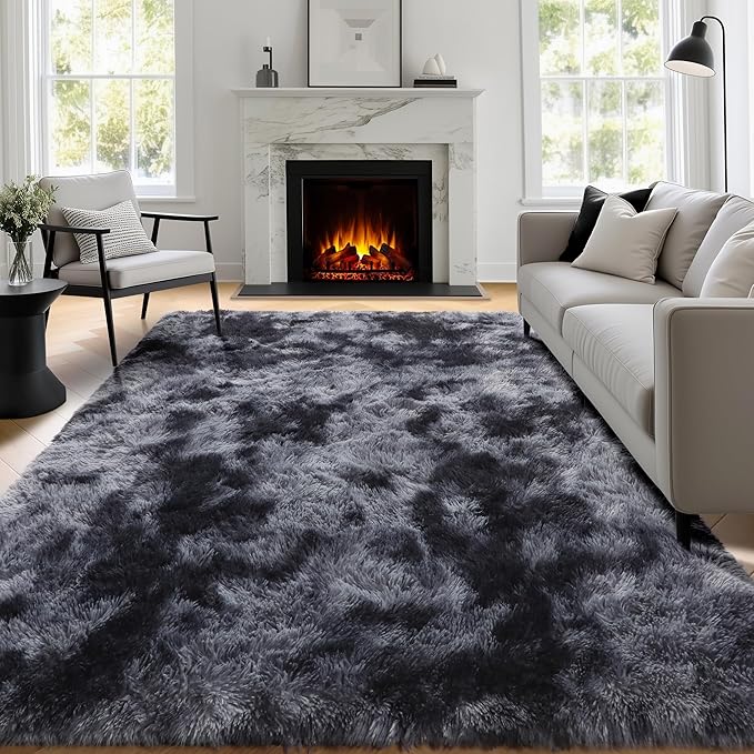 PAGISOFE Abstract Soft Shaggy Rugs for Living Room 5x8 Ft,Tie-Dyed Grey Fluffy Washable Rugs for Kids Room Furry Carpets for Bedroom Room Decor Aesthetic Large Shag Carpet for Boys Girls Dorm Nursery