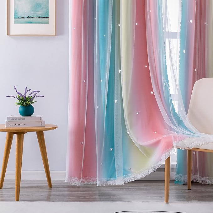 XiDi Curtains for Bedroom Decor, Rainbow Pink-Blue-34-54