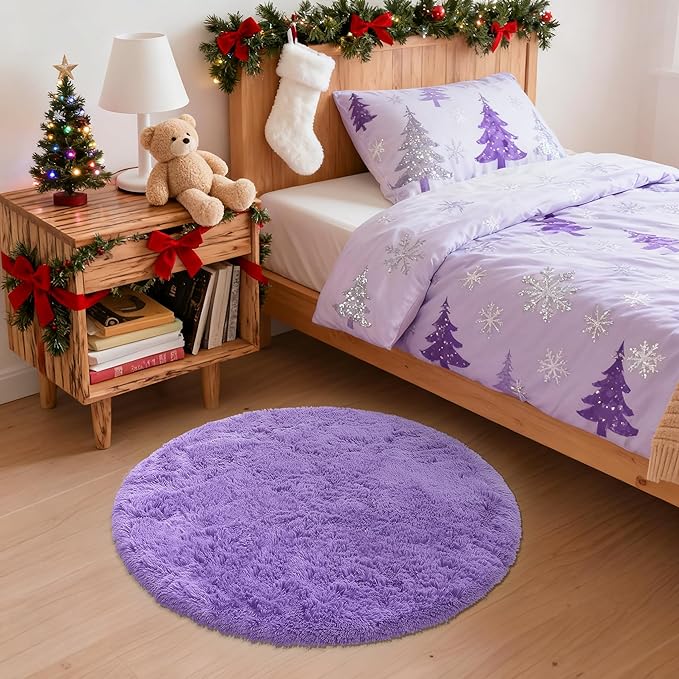OLANLY Purple Round Rugs for Bedroom - Machine Washable, 2 ft Circle Area Rugs for Living Room, Soft and Fluffy Shaggy Carpet for Teen Girls and Boys, Nursery Rooms, Dorms, Home Decor Aesthetic