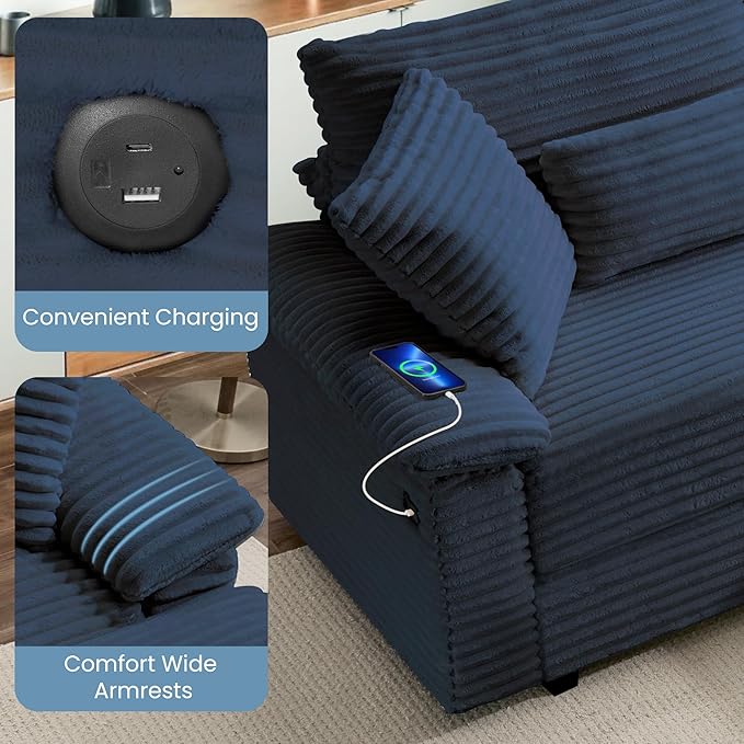 SUNWAVE 74" Double Chaise Lounge Chair Indoor, Loveseat with Storage Ottoman, Corduroy Small Couch with USB Charging, Removeable Ottoman, and Coffee Table Cushions for Living Room