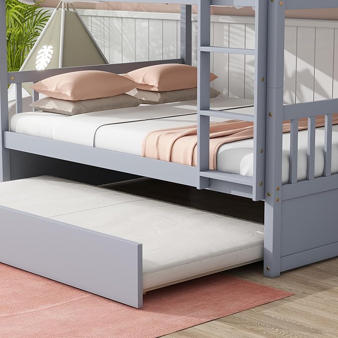 Bellemave Full Over Full Bunk Bed with Trundle,Convertible Bunk Beds with Ladder & Safety Guardrails,Full Size Trundle Bunk Beds for Kids Girls Boys,Light Grey