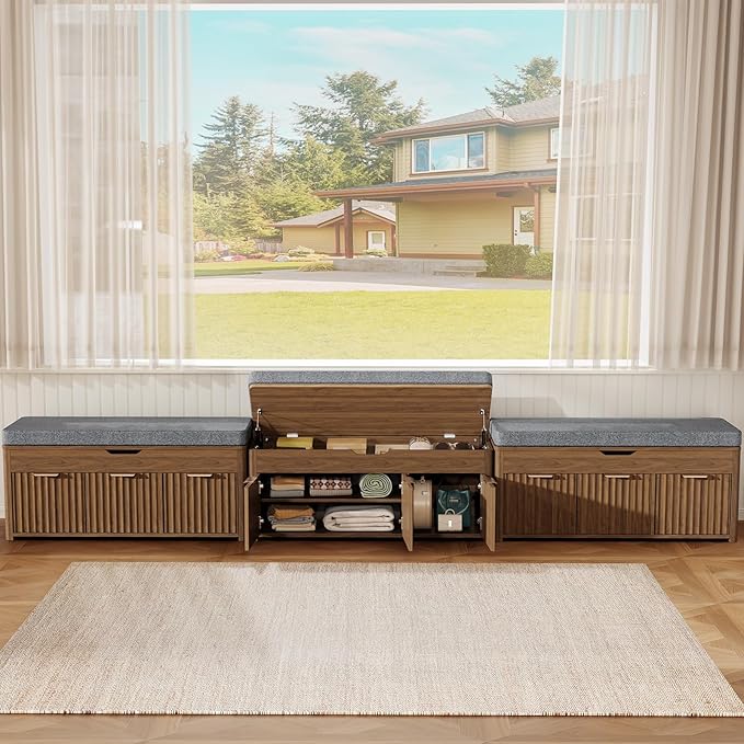 Shoe Bench with Storage - Lift Top Entryway Bench with Hidden Storage, Shoe Rack with Adjustable Shelves and Cushioned Seat, Wooden End of Bed Bench for Bedroom, Living Room and Hallway,Walnut