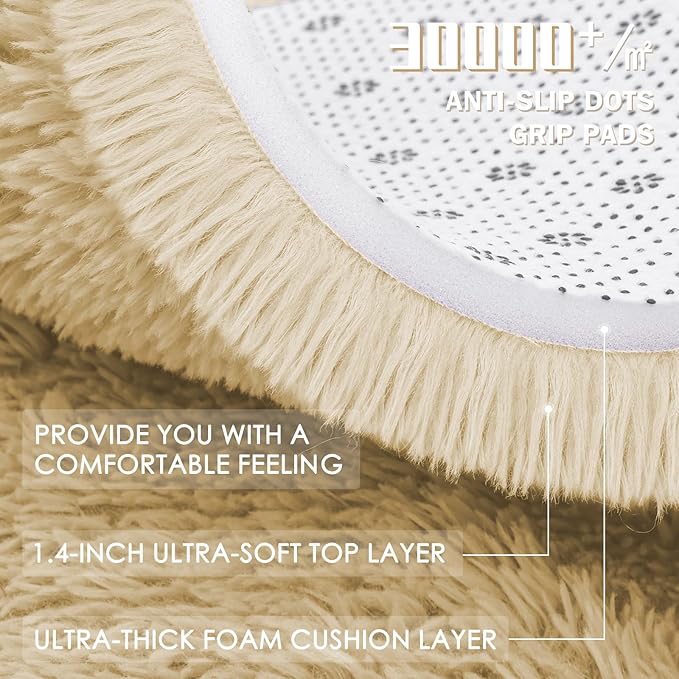 OLANLY Cream Round Rugs for Bedroom - Machine Washable, 4 ft Circle Area Rugs for Living Room, Soft and Fluffy Shaggy Carpet for Teen Girl and Boys, Nursery Rooms, Dorms, Home Decor Aesthetic