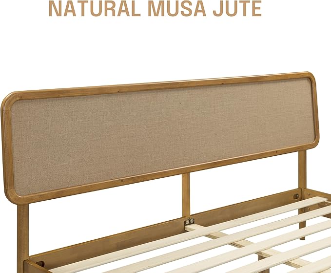 NTC Lupin Wooden Bed Frame with Headboard, Solid Oak and Rubber Wood Foundation with Silent Slats and Wood Central Supports, 1000 Lb Capacity, King - Teak Look